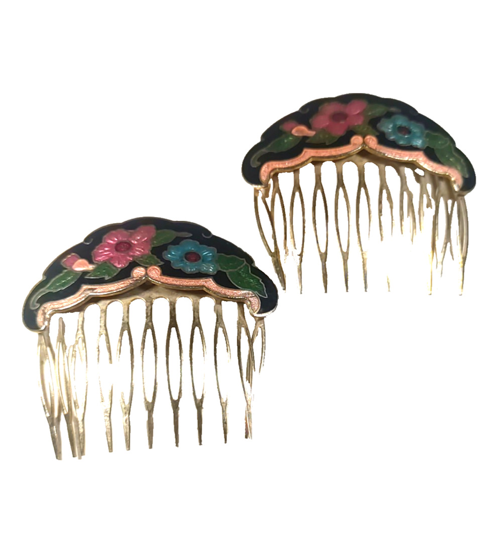 Set Of 2 Hair combs Enameled Black Pink Red Green Gold Tone Classic Design